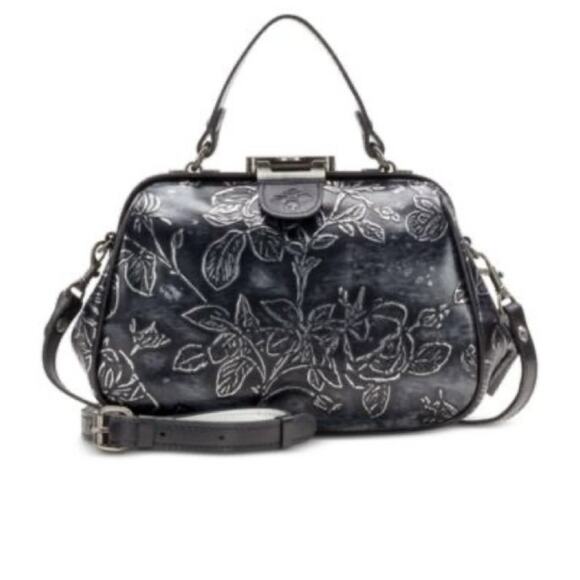 Gracchi Metallic Embossed Leather Satchel, Black Silver, Artsy Boho Doctor Bag - Picture 1 of 13